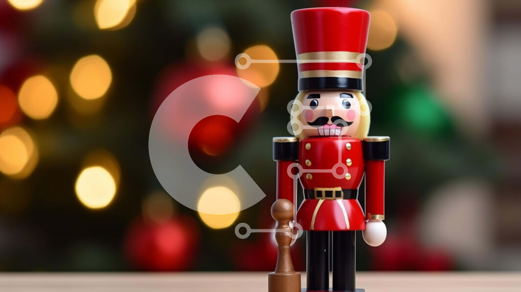 Intra Συλλεκτικό Ξύλινο Παζλ Plywood  4mm - Ειδώλιο Καρυοθραύστη μπροστά από το διακοσμητικό χριστουγεννιάτικο δέντρο Σε Ξύλινο Κουτί - Διαστάσεις Puzzle: 10x10 cm – 25 κομμάτια