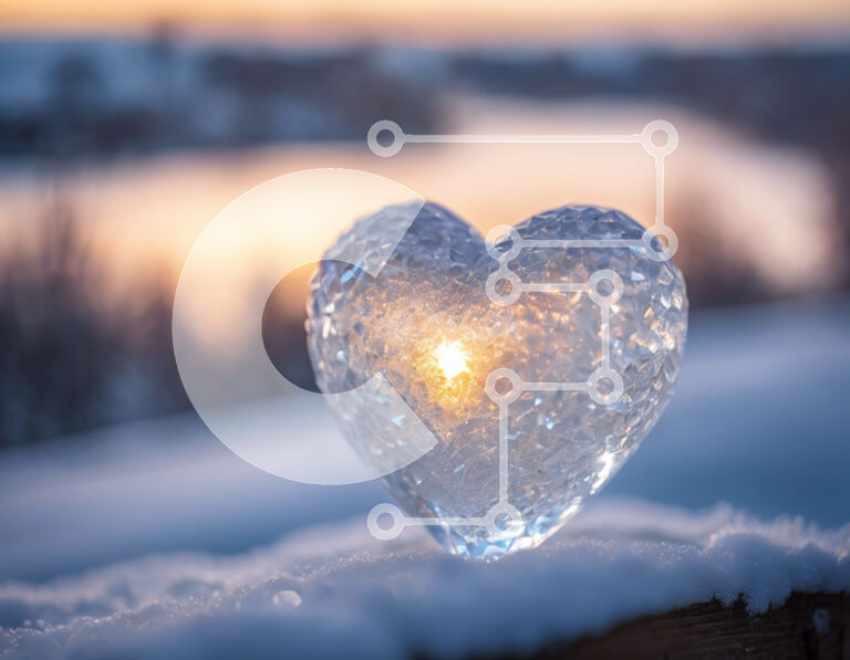 Intra Συλλεκτικό Ξύλινο Παζλ Plywood  4mm - Γυάλινο γλυπτό σε σχήμα καρδιάς στο χιόνι στο ηλιοβασίλεμα Σε Ξύλινο Κουτί - Διαστάσεις Puzzle: 10x10 cm – 25 κομμάτια