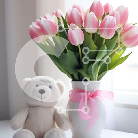 Intra Συλλεκτικό Ξύλινο Παζλ Plywood  4mm - Ροζ τουλίπες σε βάζο με αρκουδάκι Σε Ξύλινο Κουτί - Διαστάσεις: 10x10 cm – 25 κομμάτια - Image 1