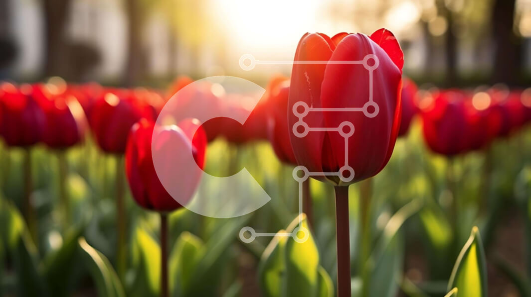 Intra Συλλεκτικό Ξύλινο Παζλ Plywood  4mm - Πεδίο με κόκκινες τουλίπες σε άνθιση με το φως του ήλιου Σε Ξύλινο Κουτί - Διαστάσεις: 10x10 cm – 25 κομμάτια