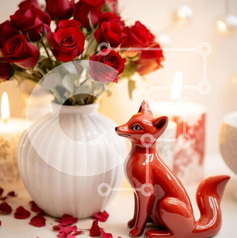 Intra Συλλεκτικό Ξύλινο Παζλ Plywood  4mm - Ειδώλιο κόκκινης αλεπούς με τριαντάφυλλα και κεριά Σε Ξύλινο Κουτί - Διαστάσεις Puzzle: 10x10 cm – 25 κομμάτια - Image 1