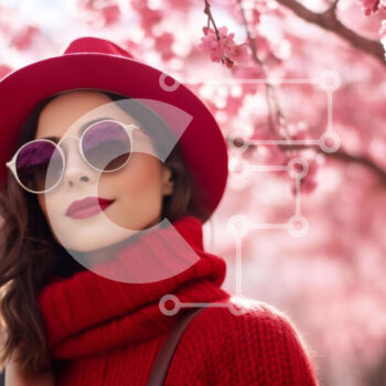 Intra Συλλεκτικό Ξύλινο Παζλ Plywood  4mm - Γυναίκα με κόκκινο πουλόβερ και καπέλο που απολαμβάνει τα άνθη της κερασιάς Σε Ξύλινο Κουτί - Διαστάσεις Puzzle: 10x10 cm – 25 κομμάτια - Image 1