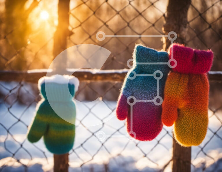 Intra Συλλεκτικό Ξύλινο Παζλ Plywood  4mm - Πολύχρωμα γάντια που κρέμονται σε έναν φράκτη σε ένα χιονισμένο τοπίο Σε Ξύλινο Κουτί - Διαστάσεις: 10x10 cm – 25 κομμάτια