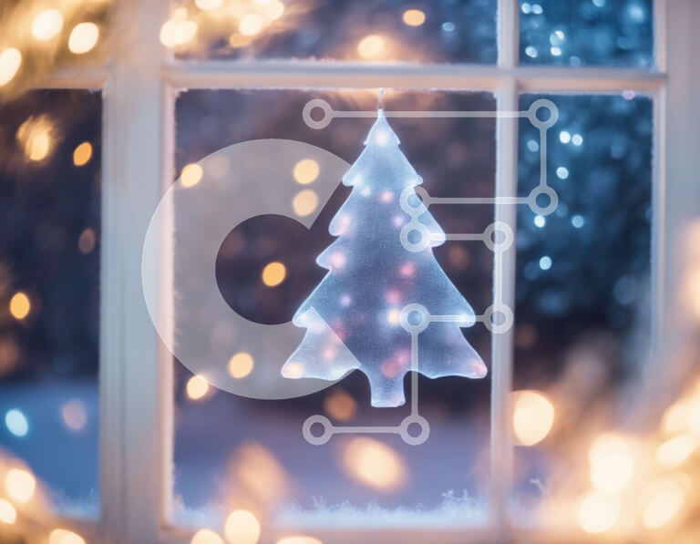 Intra Συλλεκτικό Ξύλινο Παζλ Plywood  4mm - Λευκό χριστουγεννιάτικο δέντρο που κρέμεται από το περβάζι του παραθύρου με τα χιονισμένα φώτα Σε Ξύλινο Κουτί - Διαστάσεις: 10x10 cm – 25 κομμάτια