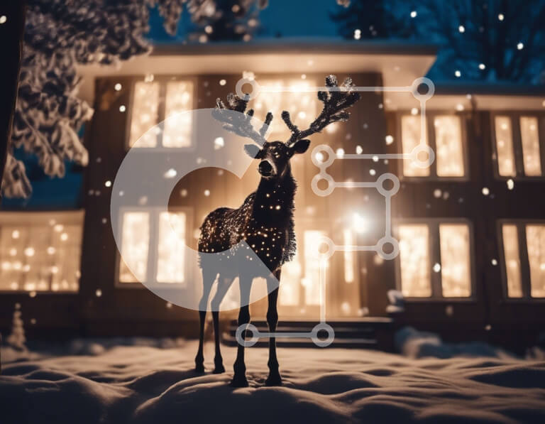 Intra Συλλεκτικό Ξύλινο Παζλ Plywood  4mm - Άγαλμα ελαφιών μπροστά από το φωτισμένο σπίτι τη νύχτα Σε Ξύλινο Κουτί - Διαστάσεις: 10x10 cm – 25 κομμάτια