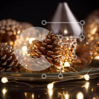 Intra Συλλεκτικό Ξύλινο Παζλ Plywood 4mm - Χρυσά κουκουνάρια σε τραπέζι με φώτα χορδών Σε Ξύλινο Κουτί - Διαστάσεις Puzzle: 10x10 cm – 25 κομμάτια - Image 1