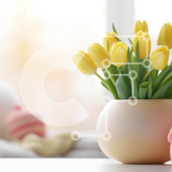 Intra Συλλεκτικό Ξύλινο Παζλ Plywood  4mm - Ροζ λαγουδάκι με κίτρινες τουλίπες και πασχαλινή διακόσμηση Σε Ξύλινο Κουτί - Διαστάσεις Puzzle: 10x10 cm – 25 κομμάτια - Image 1