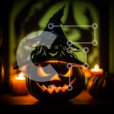 Intra Συλλεκτικό Ξύλινο Παζλ Plywood 4mm - Απόκοσμη αποκριάτικη διακόσμηση με σκαλιστή κολοκύθα και καπέλο μάγισσας Σε Ξύλινο Κουτί - Διαστάσεις: 10x10 cm – 25 κομμάτια - Image 1