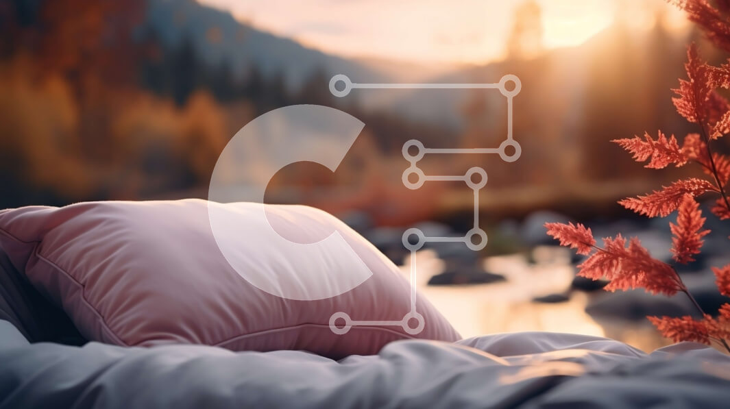 Intra Συλλεκτικό Ξύλινο Παζλ Plywood  4mm - Ροζ μαξιλάρι στο κρεβάτι με το ποτάμι και τα βουνά στο φόντο Σε Ξύλινο Κουτί - Διαστάσεις: 10x10 cm – 25 κομμάτια