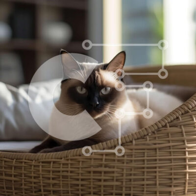 Intra Συλλεκτικό Ξύλινο Παζλ Plywood  4mm - Αξιολάτρευτη σιαμέζα γάτα σε ψάθινο καλάθι σε ξύλινο πάτωμα Σε Ξύλινο Κουτί - Διαστάσεις: 10x10 cm – 25 κομμάτια - Image 1