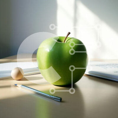 Intra Συλλεκτικό Ξύλινο Παζλ Plywood  4mm - Σκηνή γραφείου με πράσινο μήλο, αυγό, στυλό, βιβλία και χαρτιά Σε Ξύλινο Κουτί - Διαστάσεις: 10x10 cm – 25 κομμάτια - Image 1