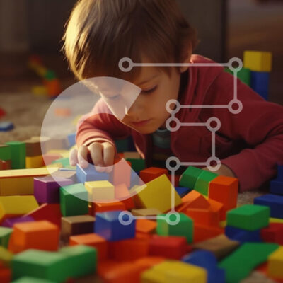 Intra Συλλεκτικό Ξύλινο Παζλ Plywood  4mm - Νεαρό αγόρι που παίζει με πολύχρωμα ξύλινα μπλοκ Σε Ξύλινο Κουτί - Διαστάσεις Puzzle: 10x10 cm – 25 κομμάτια - Image 1