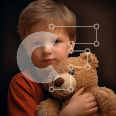 Intra Συλλεκτικό Ξύλινο Παζλ Plywood  4mm - Νεαρό αγόρι με πορτοκαλί αρκουδάκι Σε Ξύλινο Κουτί - Διαστάσεις Puzzle: 10x10 cm – 25 κομμάτια - Image 1