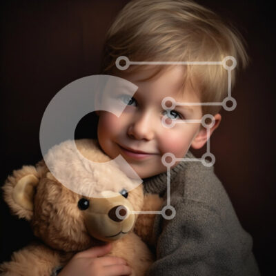 Intra Συλλεκτικό Ξύλινο Παζλ Plywood  4mm - Νεαρό αγόρι που αγκαλιάζει το αρκουδάκι με τα φωτεινά μπλε μάτια Σε Ξύλινο Κουτί - Διαστάσεις Puzzle: 10x10 cm – 25 κομμάτια - Image 1