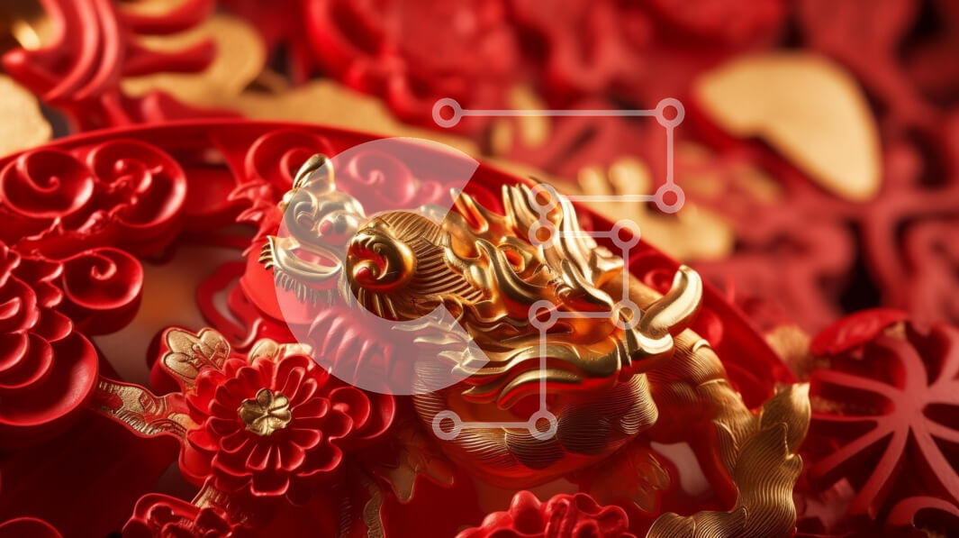 Intra Συλλεκτικό Ξύλινο Παζλ Plywood  4mm - Κόκκινο και χρυσό γλυπτό δράκου για το κινεζικό νέο έτος Σε Ξύλινο Κουτί - Διαστάσεις Puzzle: 10x10 cm – 25 κομμάτια