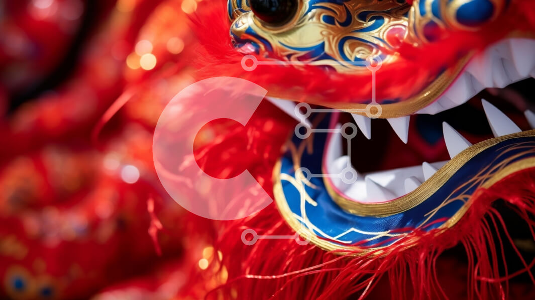 Intra Συλλεκτικό Ξύλινο Παζλ Plywood  4mm - Κόκκινη και μπλε στολή δράκου για το κινεζικό φεστιβάλ Σε Ξύλινο Κουτί - Διαστάσεις Puzzle: 10x10 cm – 25 κομμάτια