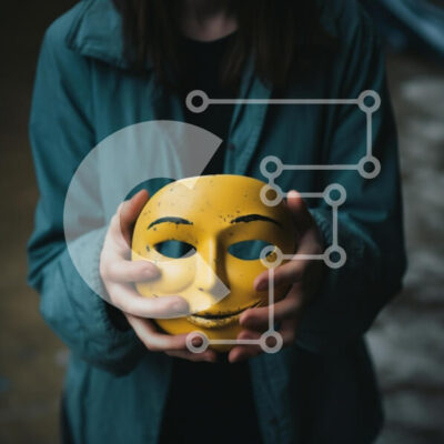 Intra Συλλεκτικό Ξύλινο Παζλ Plywood  4mm - Γυναίκα που κρατά την κίτρινη μάσκα προσώπου Smiley Σε Ξύλινο Κουτί - Διαστάσεις Puzzle: 10x10 cm – 25 κομμάτια - Image 1