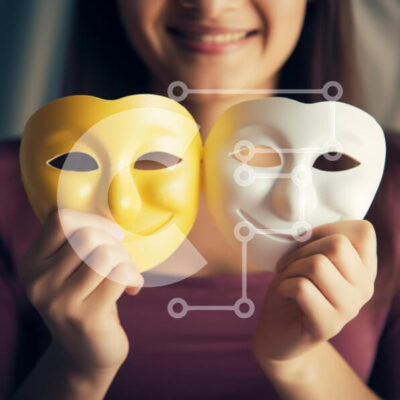 Intra Συλλεκτικό Ξύλινο Παζλ Plywood 4mm - Γυναίκα που κρατά λευκές και κίτρινες μάσκες χαμογελαστού προσώπου Σε Ξύλινο Κουτί - Διαστάσεις Puzzle: 10x10 cm – 25 κομμάτια - Image 1