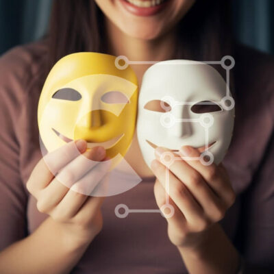 Intra Συλλεκτικό Ξύλινο Παζλ Plywood 4mm - Γυναίκα που κρατά θεατρικές μάσκες που αντιπροσωπεύουν τα συναισθήματα Σε Ξύλινο Κουτί - Διαστάσεις Puzzle: 10x10 cm – 25 κομμάτια - Image 1