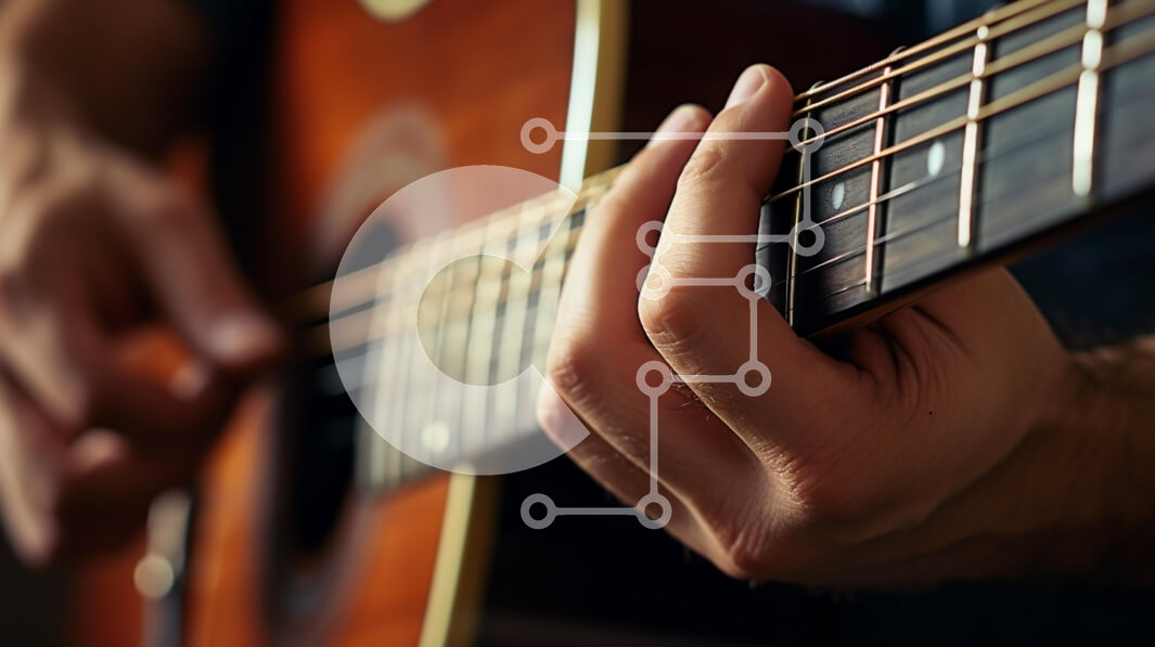 Intra Συλλεκτικό Ξύλινο Παζλ Plywood  4mm - Κοντινό πλάνο ενός χεριού που παίζει μια ακουστική κιθάρα Σε Ξύλινο Κουτί - Διαστάσεις Puzzle: 10x10 cm – 25 κομμάτια