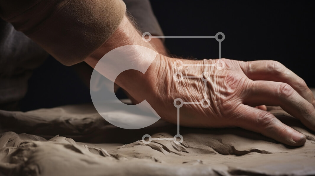 Intra Συλλεκτικό Ξύλινο Παζλ Plywood  4mm - Κοντινό πλάνο ενός χεριού που εργάζεται με τον πηλό Σε Ξύλινο Κουτί - Διαστάσεις Puzzle: 10x10 cm – 25 κομμάτια