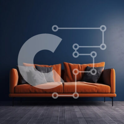 Intra Συλλεκτικό Ξύλινο Παζλ Plywood  4mm - Μοντέρνος πορτοκαλί καναπές σε μπλε τοίχο Σε Ξύλινο Κουτί - Διαστάσεις Puzzle: 10x10 cm – 25 κομμάτια - Image 1