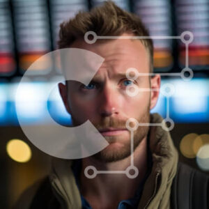 Intra Συλλεκτικό Ξύλινο Παζλ Plywood  4mm - Άνθρωπος στο αεροδρόμιο με οθόνη πληροφοριών πτήσης Σε Ξύλινο Κουτί - Διαστάσεις Puzzle: 10x10 cm – 25 κομμάτια