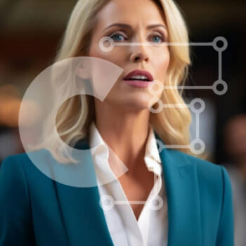 Intra Συλλεκτικό Ξύλινο Παζλ Plywood  4mm - Γυναίκα με αυτοπεποίθηση με Teal Blazer που μιλά δημόσια Σε Ξύλινο Κουτί - Διαστάσεις Puzzle: 10x10 cm – 25 κομμάτια - Image 1