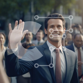 Intra Συλλεκτικό Ξύλινο Παζλ Plywood  4mm - Νεαρός με αυτοπεποίθηση που κυματίζει σε ένα πλήθος σε αστικό περιβάλλον Σε Ξύλινο Κουτί - Διαστάσεις Puzzle: 10x10 cm – 25 κομμάτια - Image 1