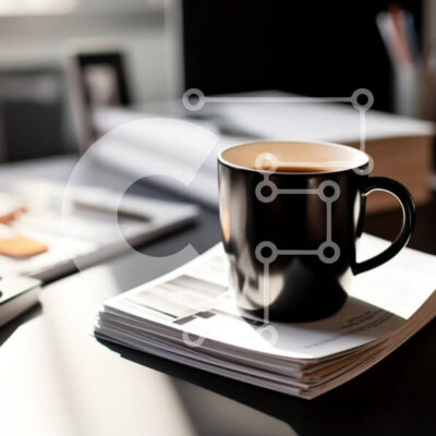 Intra Συλλεκτικό Ξύλινο Παζλ Plywood  4mm - Μαύρη κούπα καφέ στο γραφείο με περιοδικά Σε Ξύλινο Κουτί - Διαστάσεις Puzzle: 10x10 cm – 25 κομμάτια - Image 1