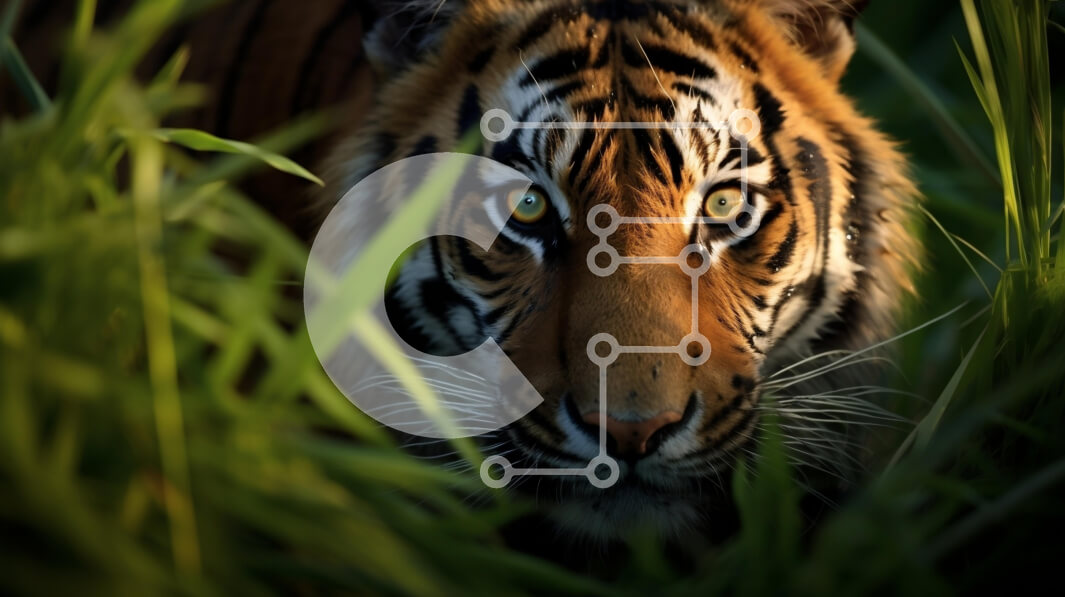 Intra Συλλεκτικό Ξύλινο Παζλ Plywood  4mm - Κοντινό πλάνο μιας τίγρης στο χορτώδη βιότοπο Σε Ξύλινο Κουτί - Διαστάσεις: 10x10 cm – 25 κομμάτια