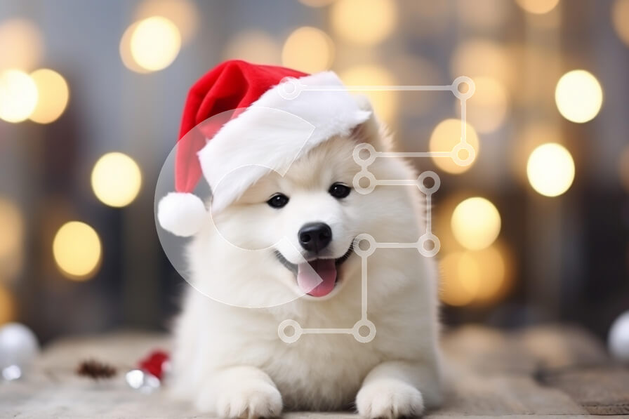 Intra Συλλεκτικό Ξύλινο Παζλ Plywood  4mm - Κουτάβι Samoyed με καπέλο Άγιου Βασίλη Σε Ξύλινο Κουτί - Διαστάσεις: 10x10 cm – 25 κομμάτια