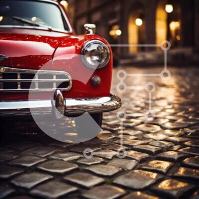 Intra Συλλεκτικό Ξύλινο Παζλ Plywood  4mm - Vintage κόκκινο αυτοκίνητο στις πλακόστρωτες οδούς Σε Ξύλινο Κουτί - Διαστάσεις Puzzle: 10x10 cm – 25 κομμάτια - Image 1