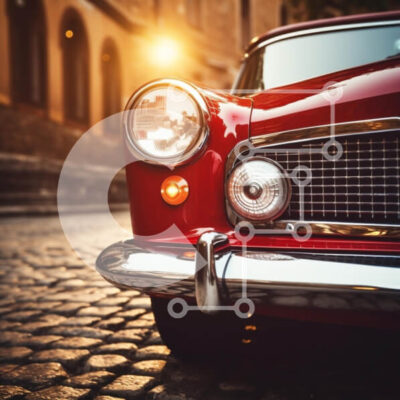 Intra Συλλεκτικό Ξύλινο Παζλ Plywood  4mm - Κλασικό κόκκινο αυτοκίνητο στη λιθόστρωτη οδό στο ηλιοβασίλεμα Σε Ξύλινο Κουτί - Διαστάσεις Puzzle: 10x10 cm – 25 κομμάτια - Image 1