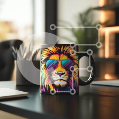 Intra Συλλεκτικό Ξύλινο Παζλ Plywood  4mm - Πολύχρωμη κούπα λιονταριών στο γραφείο Σε Ξύλινο Κουτί - Διαστάσεις: 10x10 cm – 25 κομμάτια - Image 1