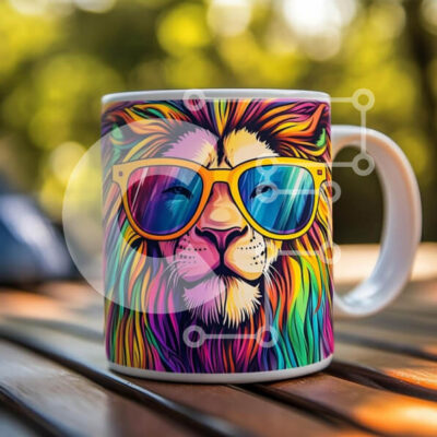 Intra Συλλεκτικό Ξύλινο Παζλ Plywood  4mm - Πολύχρωμη κούπα λιονταριού με γυαλιά ηλίου σε ξύλινη επιφάνεια Σε Ξύλινο Κουτί - Διαστάσεις: 10x10 cm – 25 κομμάτια - Image 1