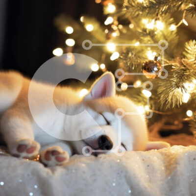 Intra Συλλεκτικό Ξύλινο Παζλ Plywood  4mm - Sleeping Puppy δίπλα στο χριστουγεννιάτικο δέντρο Σε Ξύλινο Κουτί - Διαστάσεις: 10x10 cm – 25 κομμάτια - Image 1