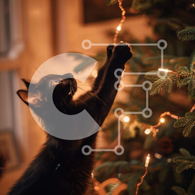 Intra Συλλεκτικό Ξύλινο Παζλ Plywood  4mm - Μαύρη γάτα που παίζει με τα χριστουγεννιάτικα φώτα Σε Ξύλινο Κουτί - Διαστάσεις: 10x10 cm – 25 κομμάτια - Image 1