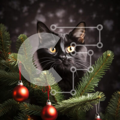 Intra Συλλεκτικό Ξύλινο Παζλ Plywood  4mm - Περίεργη μαύρη γάτα ανάμεσα στο χριστουγεννιάτικο δέντρο Σε Ξύλινο Κουτί - Διαστάσεις: 10x10 cm – 25 κομμάτια - Image 1