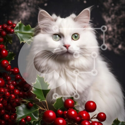 Intra Συλλεκτικό Ξύλινο Παζλ Plywood  4mm - Αφράτη λευκή γάτα που περιβάλλεται από μούρα διακοπών και Holly Σε Ξύλινο Κουτί - Διαστάσεις: 10x10 cm – 25 κομμάτια - Image 1