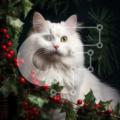 Intra Συλλεκτικό Ξύλινο Παζλ Plywood  4mm - Αφράτη λευκή γάτα που περιβάλλεται από το πράσινο των διακοπών Σε Ξύλινο Κουτί - Διαστάσεις: 10x10 cm – 25 κομμάτια - Image 1