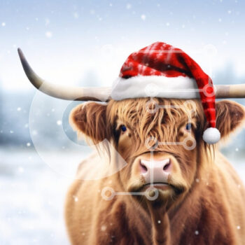 Intra Συλλεκτικό Ξύλινο Παζλ Plywood  4mm - Αγελάδα Highland με καπέλο Santa στο χιονισμένο τοπίο Σε Ξύλινο Κουτί - Διαστάσεις: 10x10 cm – 25 κομμάτια - Image 1