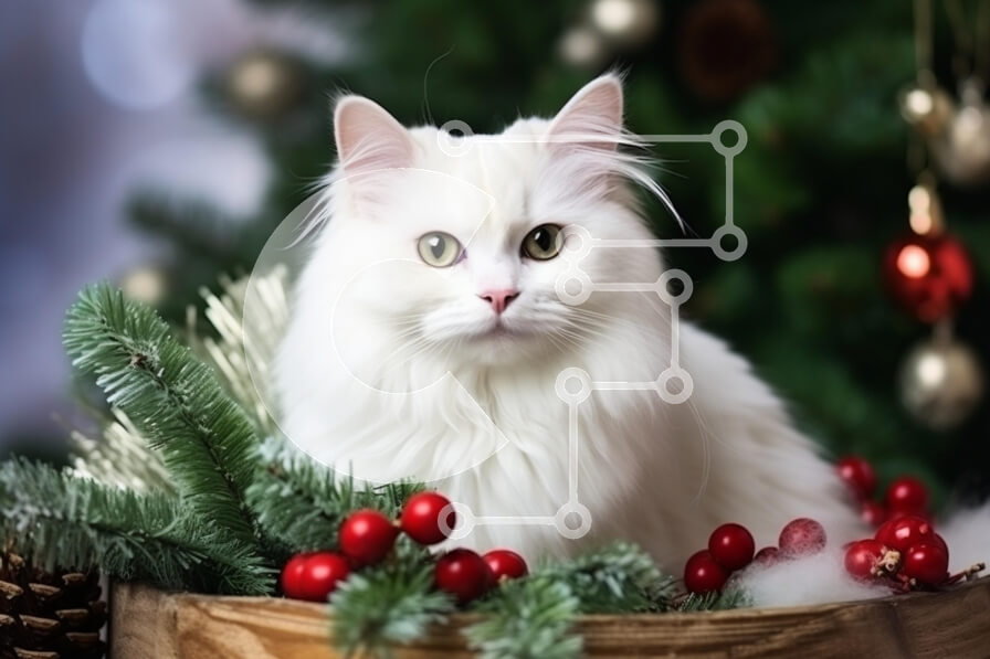 Intra Συλλεκτικό Ξύλινο Παζλ Plywood  4mm - Λευκή γάτα ανάμεσα στις χριστουγεννιάτικες διακοσμήσεις Σε Ξύλινο Κουτί - Διαστάσεις: 10x10 cm – 25 κομμάτια