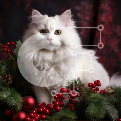 Intra Συλλεκτικό Ξύλινο Παζλ Plywood  4mm - Αφράτη λευκή γάτα που περιβάλλεται από διακόσμηση διακοπών Σε Ξύλινο Κουτί - Διαστάσεις: 10x10 cm – 25 κομμάτια - Image 1