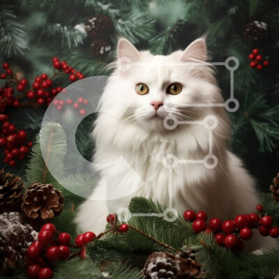 Intra Συλλεκτικό Ξύλινο Παζλ Plywood 4mm - Λευκή γάτα που περιβάλλεται από διακόσμηση διακοπών Σε Ξύλινο Κουτί - Διαστάσεις: 10x10 cm – 25 κομμάτια - Image 1