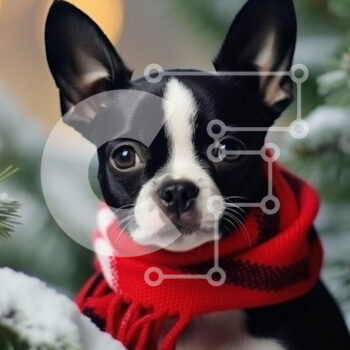 Intra Συλλεκτικό Ξύλινο Παζλ Plywood  4mm - Boston Terrier σε χειμερινό σκηνικό με κόκκινο κασκόλ Σε Ξύλινο Κουτί - Διαστάσεις: 10x10 cm – 25 κομμάτια - Image 1