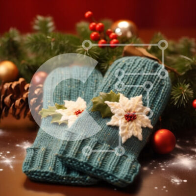 Intra Συλλεκτικό Ξύλινο Παζλ Plywood  4mm - Εορταστικά γαλαζοπράσινα γάντια με Poinsettia και Holly Σε Ξύλινο Κουτί - Διαστάσεις: 10x10 cm – 25 κομμάτια - Image 1