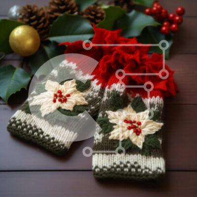 Intra Συλλεκτικό Ξύλινο Παζλ Plywood  4mm - Γιορτινά πλεκτά γάντια με σχέδιο Poinsettia Σε Ξύλινο Κουτί - Διαστάσεις: 10x10 cm – 25 κομμάτια - Image 1