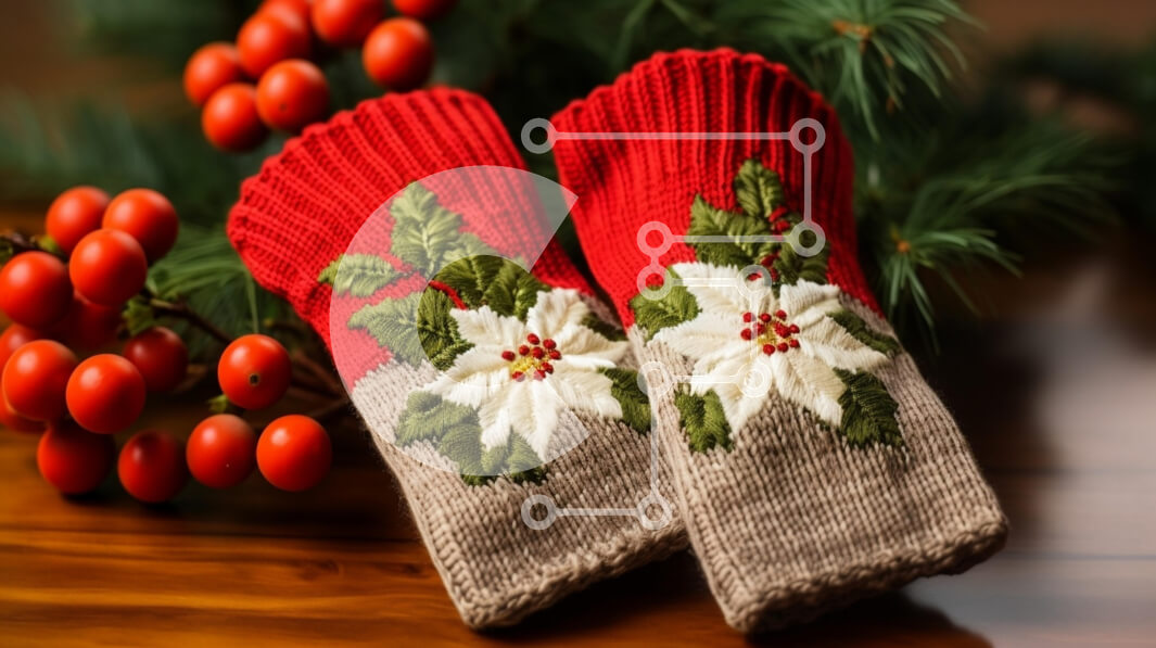 Intra Συλλεκτικό Ξύλινο Παζλ Plywood  4mm - Γιορτινά πλεκτά γάντια με σχέδιο Poinsettia Σε Ξύλινο Κουτί - Διαστάσεις: 10x10 cm – 25 κομμάτια