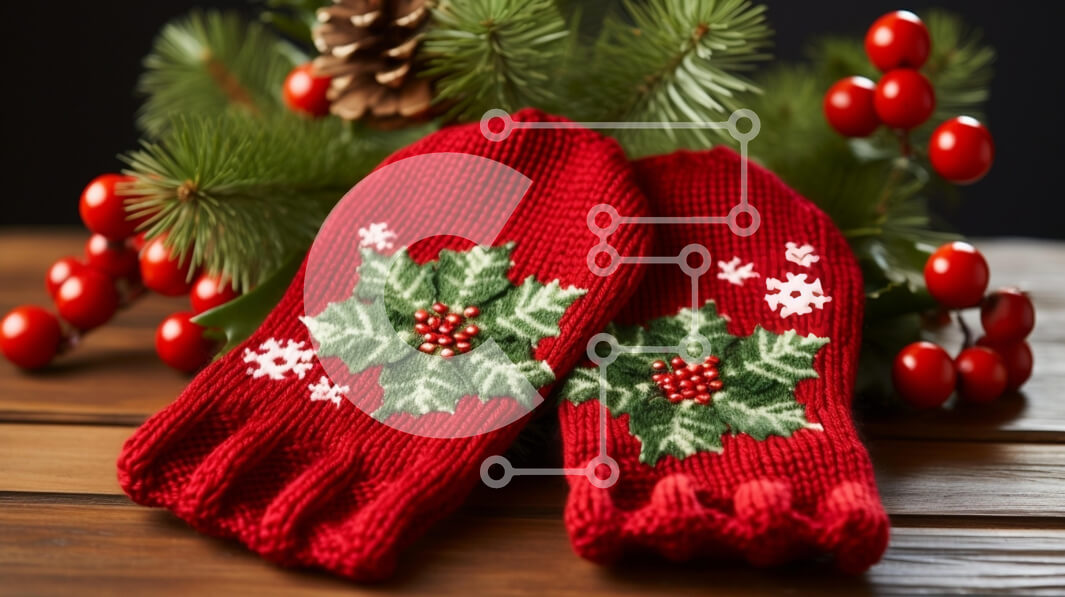 Intra Συλλεκτικό Ξύλινο Παζλ Plywood  4mm - Εορταστικά κόκκινα γάντια με πουρνάρι και νιφάδες χιονιού Σε Ξύλινο Κουτί - Διαστάσεις: 10x10 cm – 25 κομμάτια